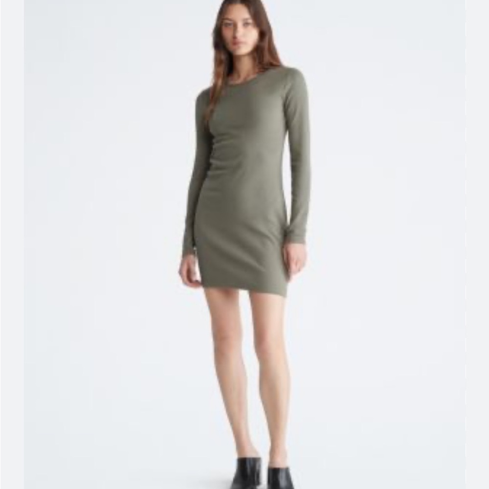 NWT Calvin Klein Womens Olive Green Bodycon Mini Ribbed Dress Sz XS Long Sleeve
